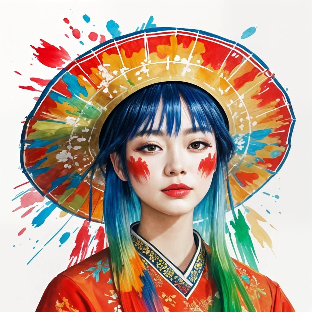 Painterly Portrait of Asian Woman in Watercolor Hat