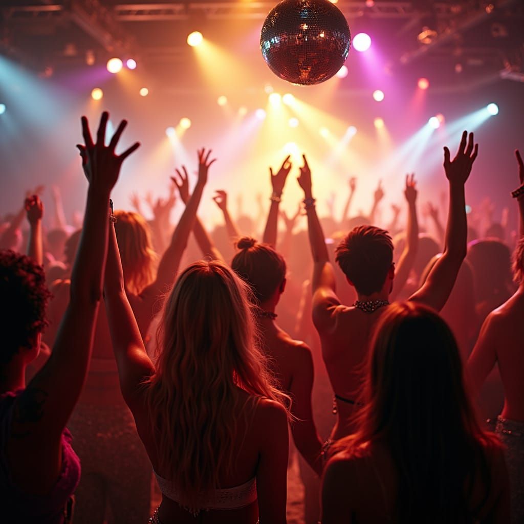 Electric Dance Floor Scene under a Disco Ball