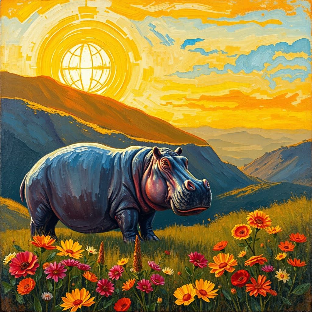 Impasto Oil Painting of Hippopotamus at Golden Hour