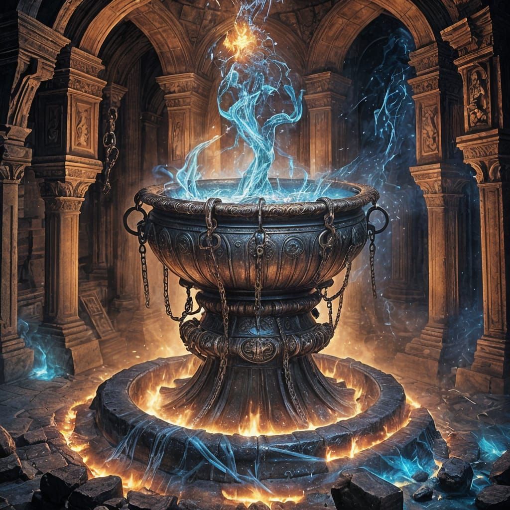 Mysterious Parchment Over Cauldron in Cavern