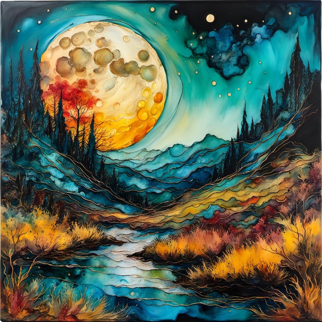 Encaustic Moon Landscape in Van Gogh Style