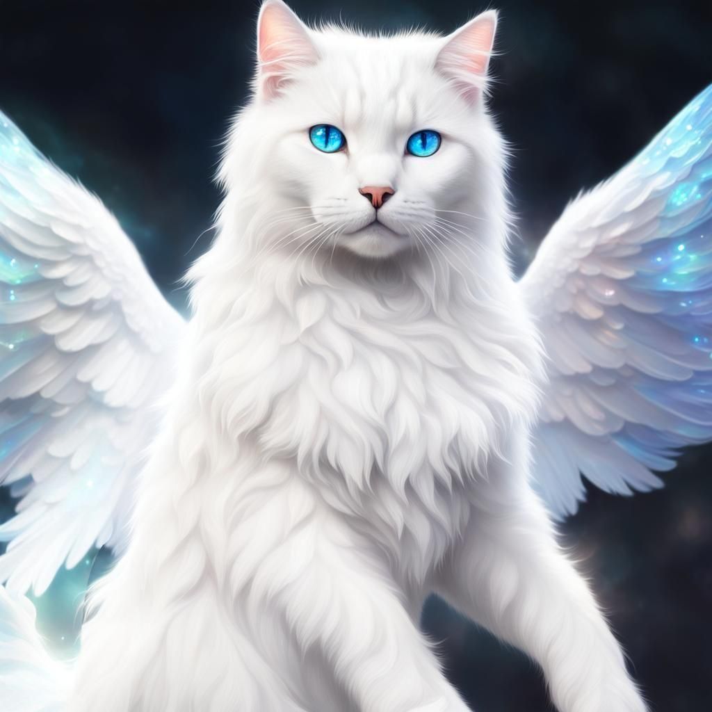 White cat with Angel wings and crystal blue eyes& cute vibes...