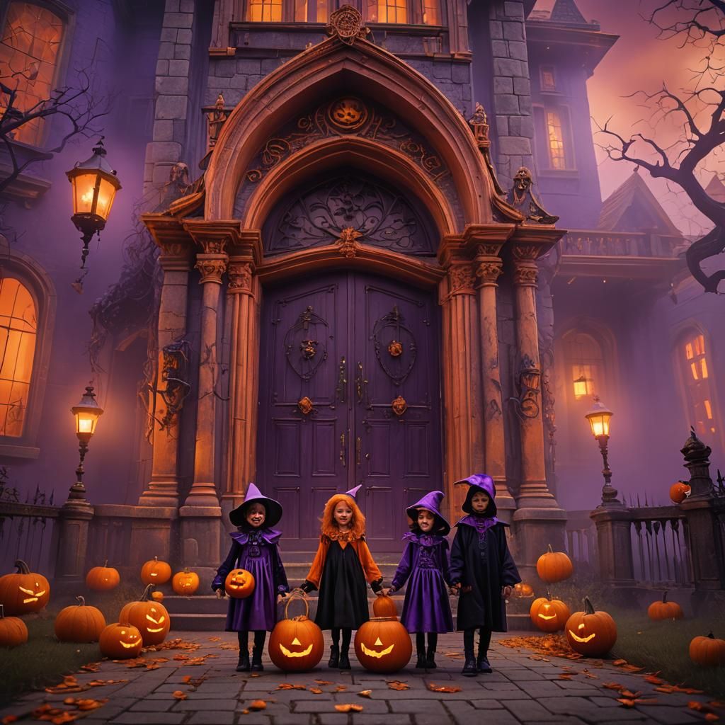 Kids Trick-or-Treating at Spooky Mansion Entrance