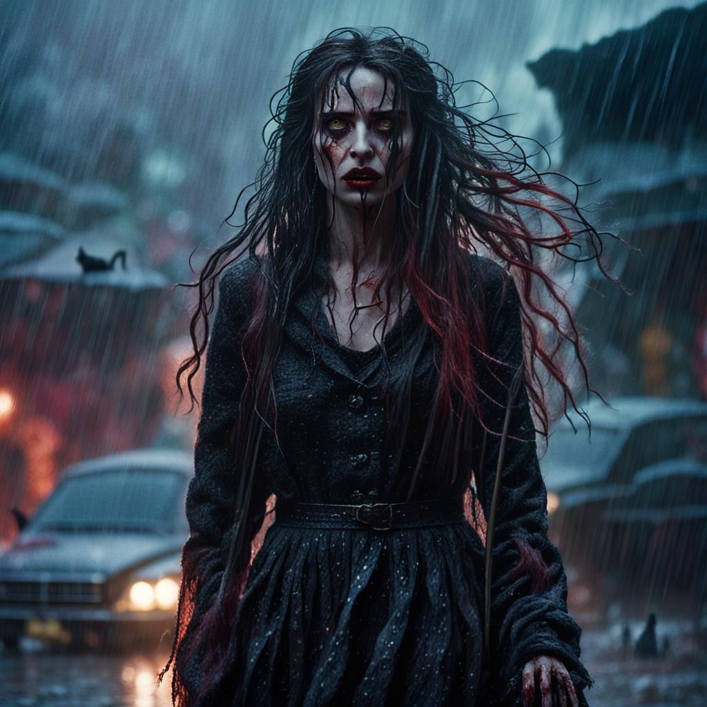 Semi-Transparent Vampire Woman in Turbulent Rainstorm