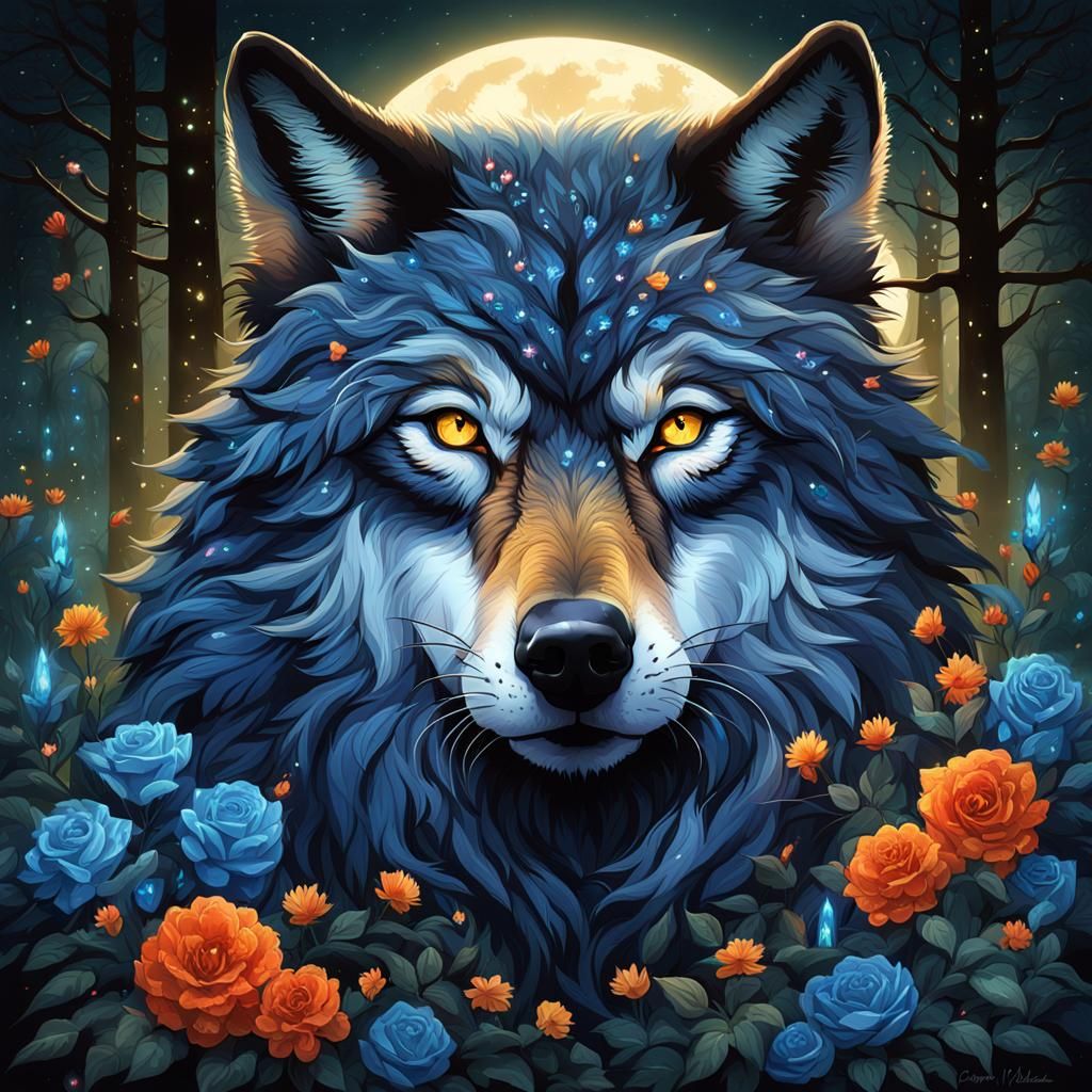 Mystic Wolf Emerges in Starlit Forest