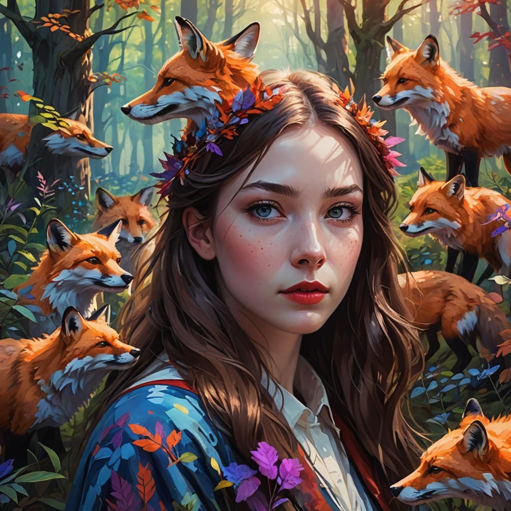 Girl with Foxes in Forest: Hyperrealistic Art Deco Portrait