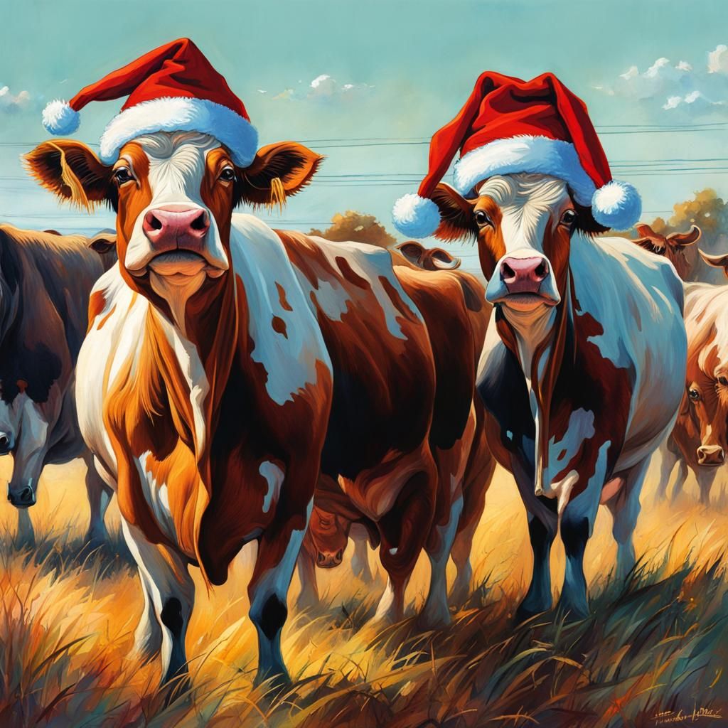 Cows in Santa Hats: Hyperrealistic Cartoon Illustration