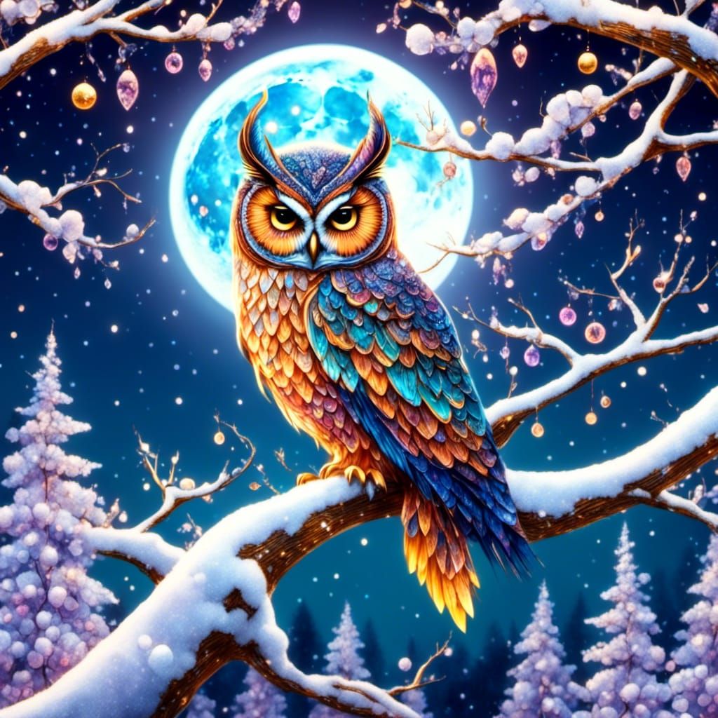 Colorful Owl on Snowy Branch in Fantasy Art