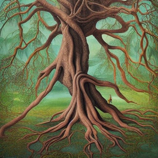 Surreal Botanical Painting of an Ancient Tree