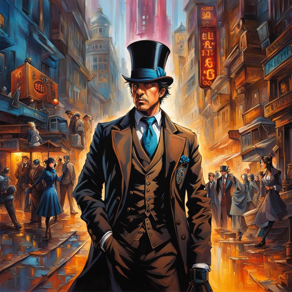 Steampunk Encounter in City, Anime Graffiti Style