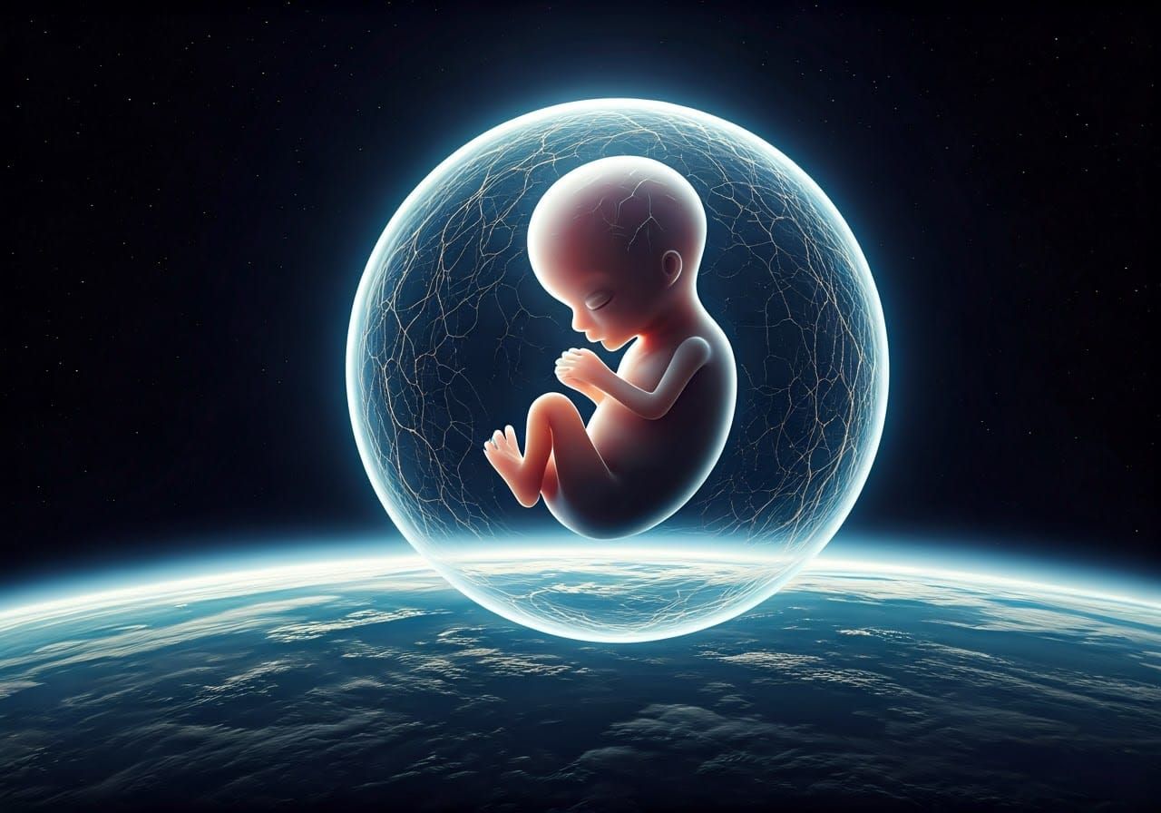 Ethereal Orb with Alien Fetus Over Earth