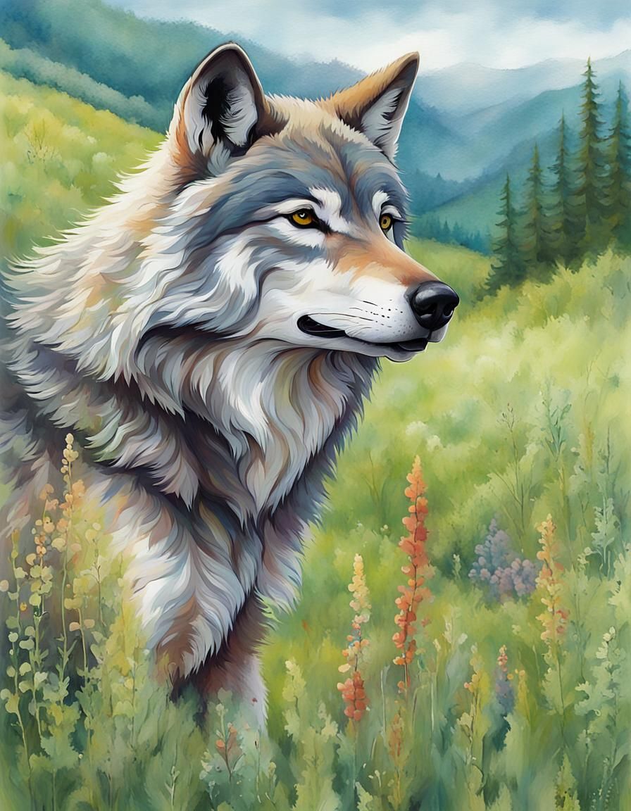 Wolf in Meadow, Greeting Card Art