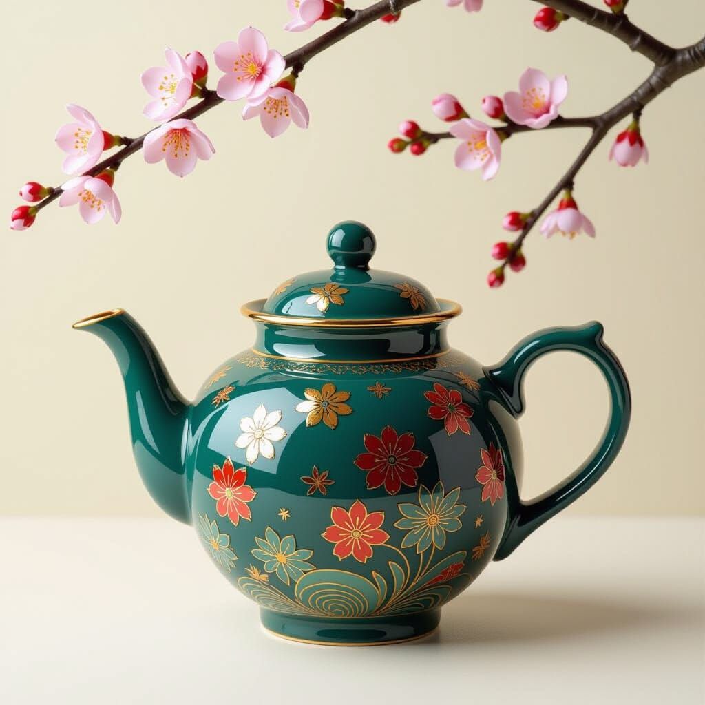 Japanese Teapot with Shiny Ornaments in James Jean Style