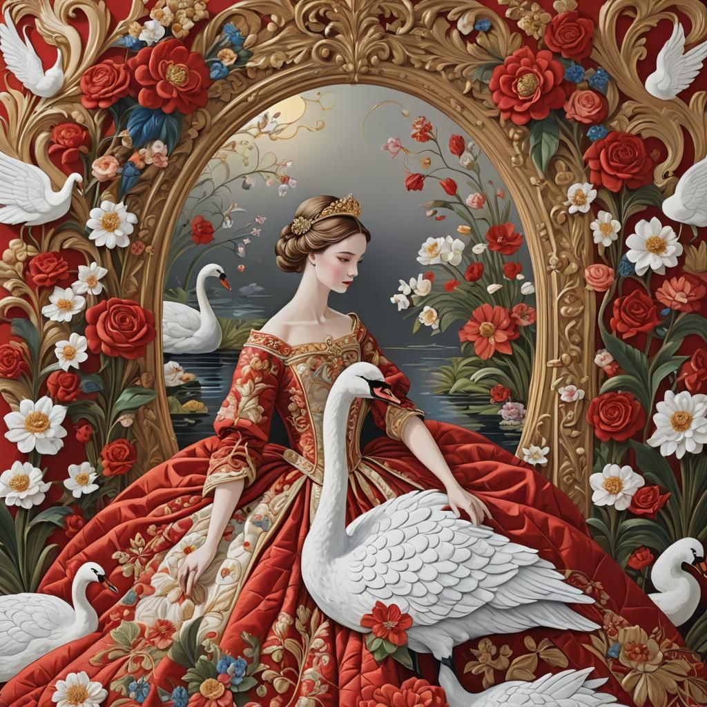 Princess with Swan and Floral Gilded Mirror
