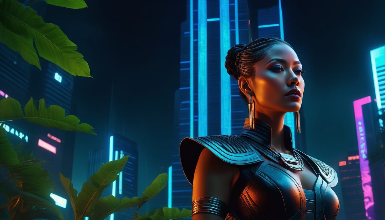 Cyberpunk Native Woman at Ancient Temple