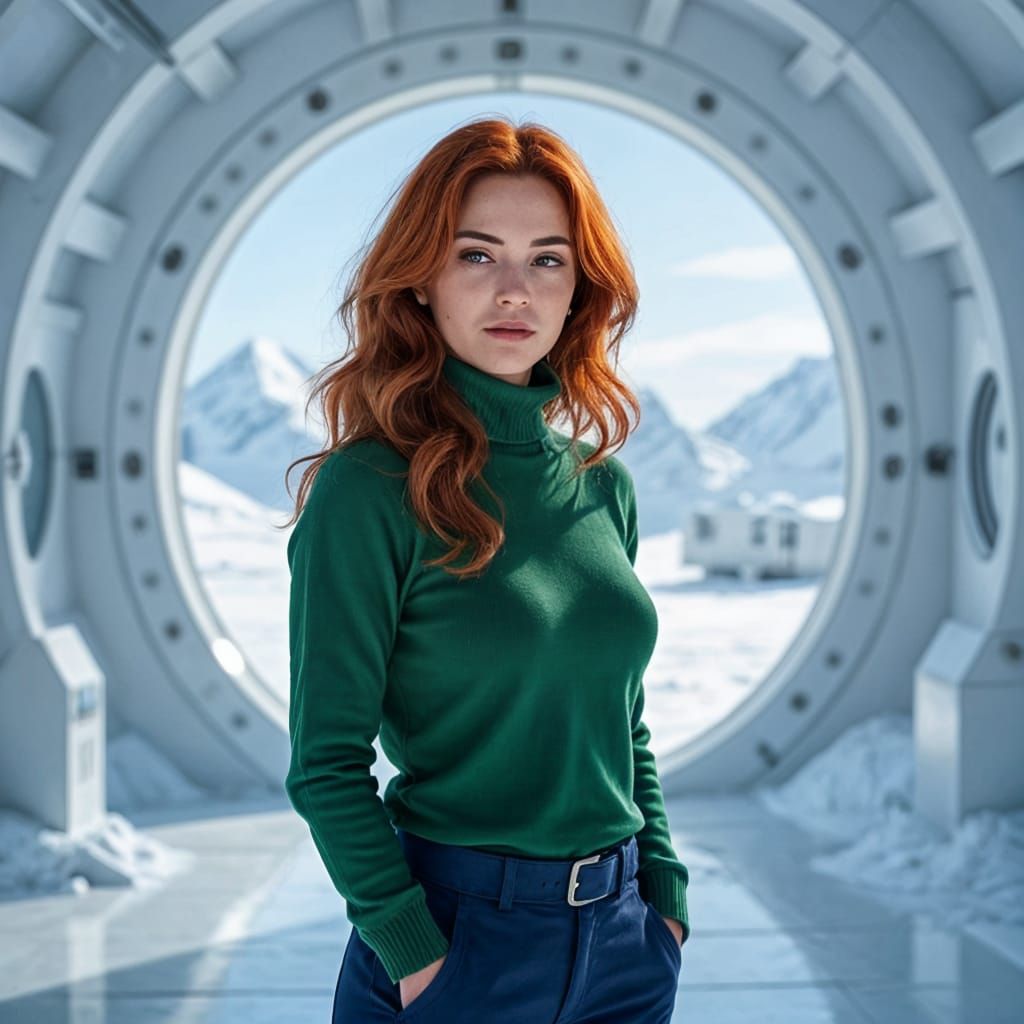 Woman in Antarctic Base, Hyperrealistic Splash Art