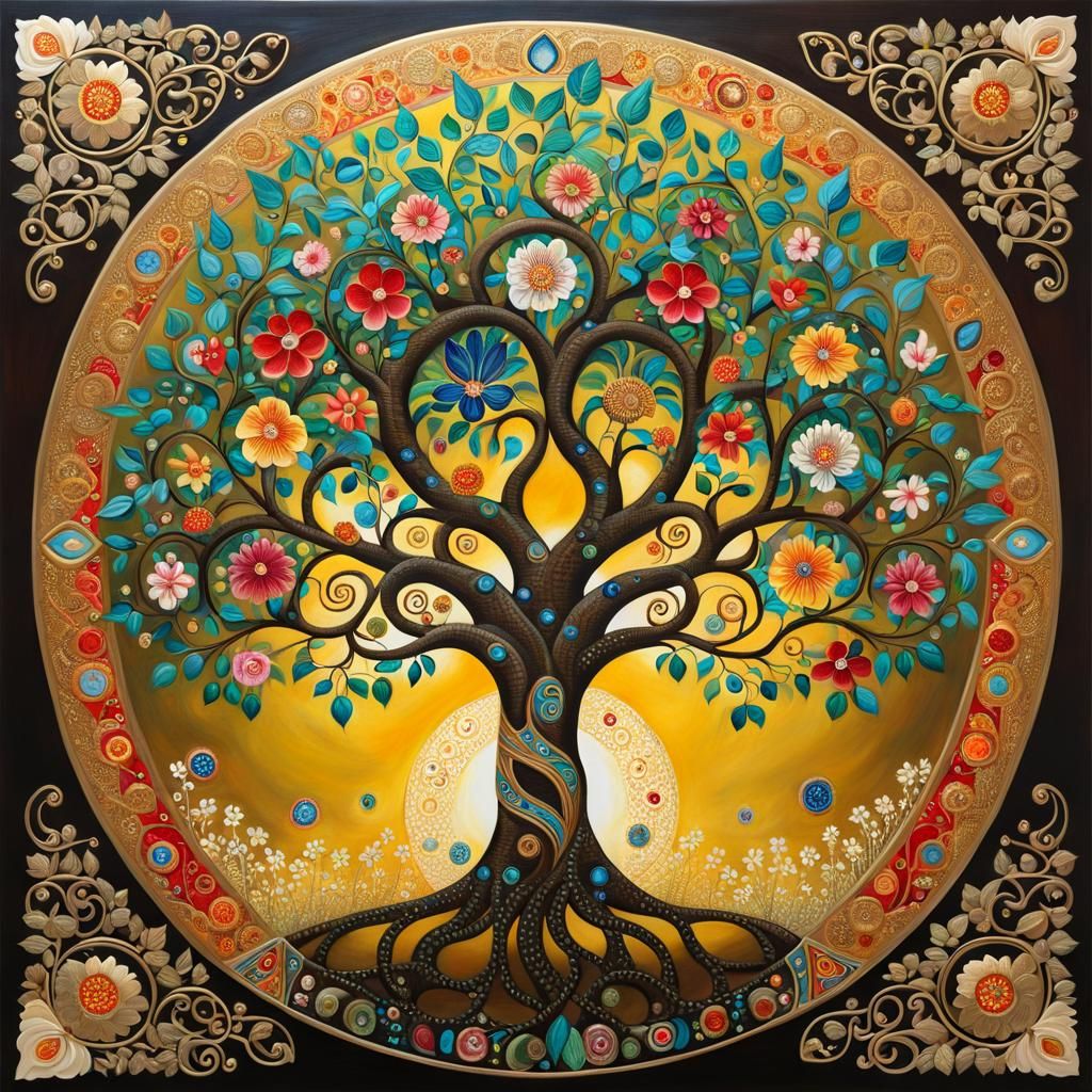 Blooming Tree of Life in Folk Art Style