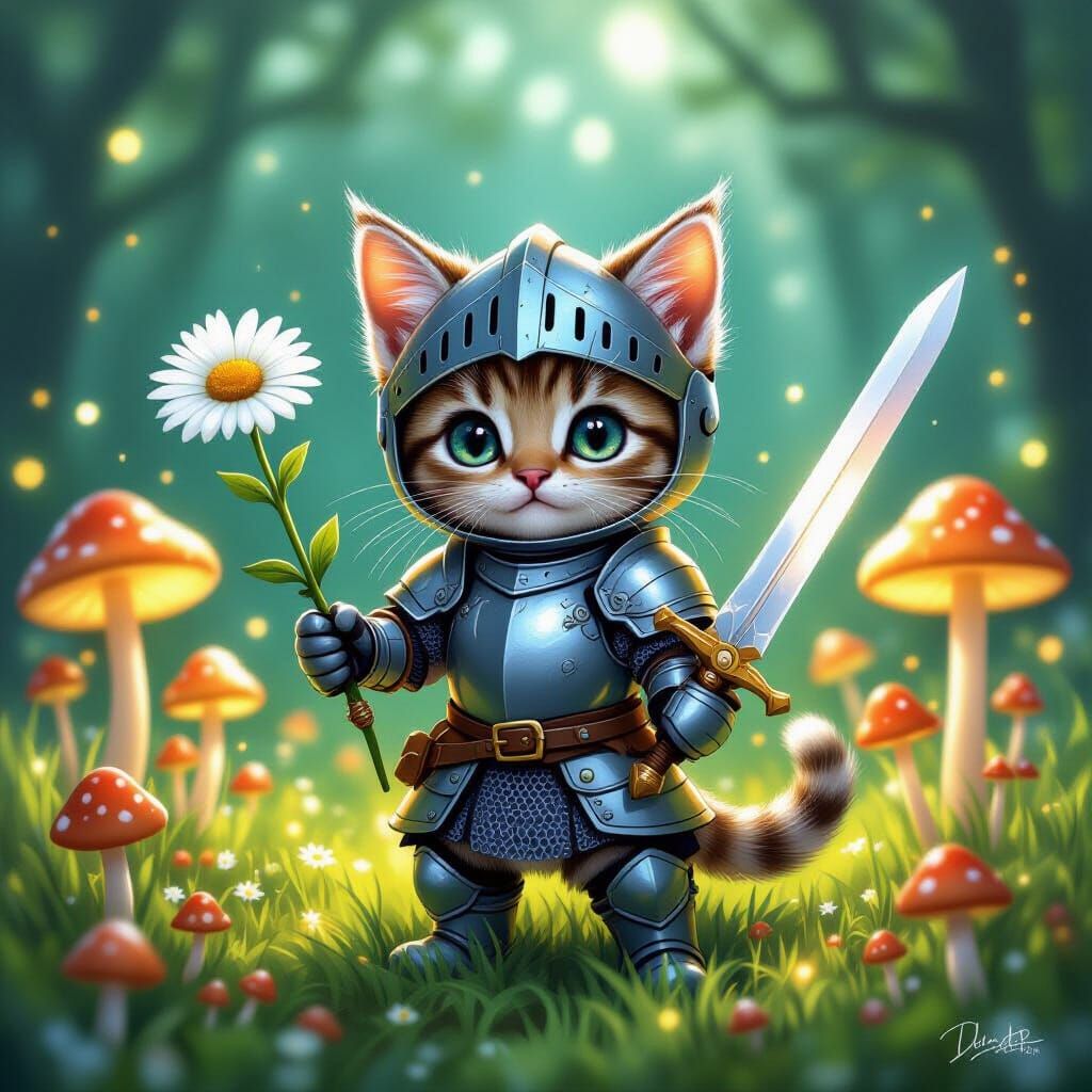 Kitten Knight in Glowing Mushroom Field
