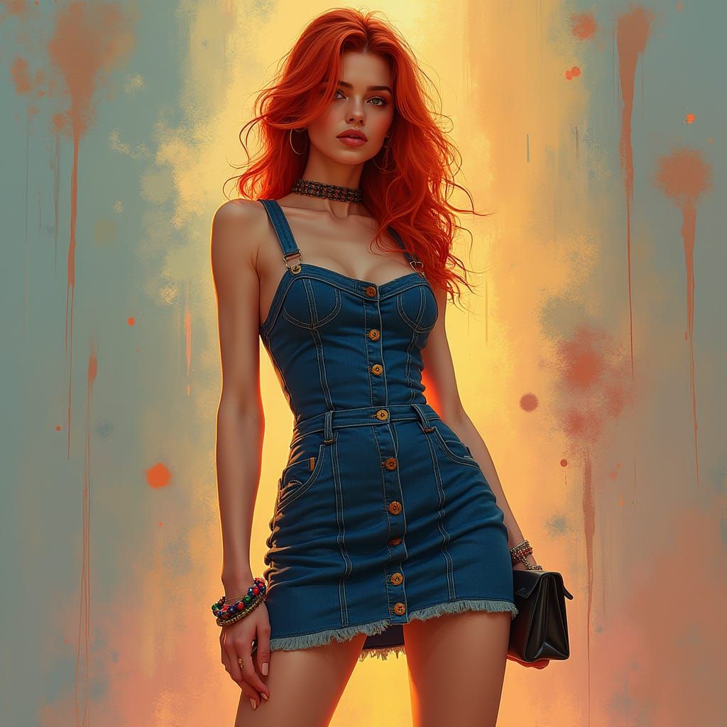 Redhead in Denim Dress: Hyperrealistic Digital Portrait