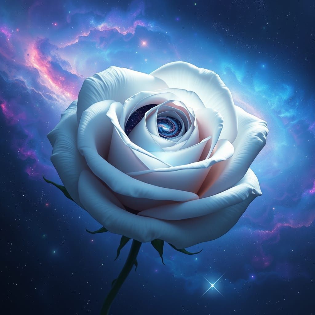 White Rose Blooms Galaxies in Cosmic Digital Painting