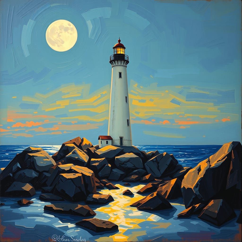 Moonlit Lighthouse in Neo-Expressionist Style