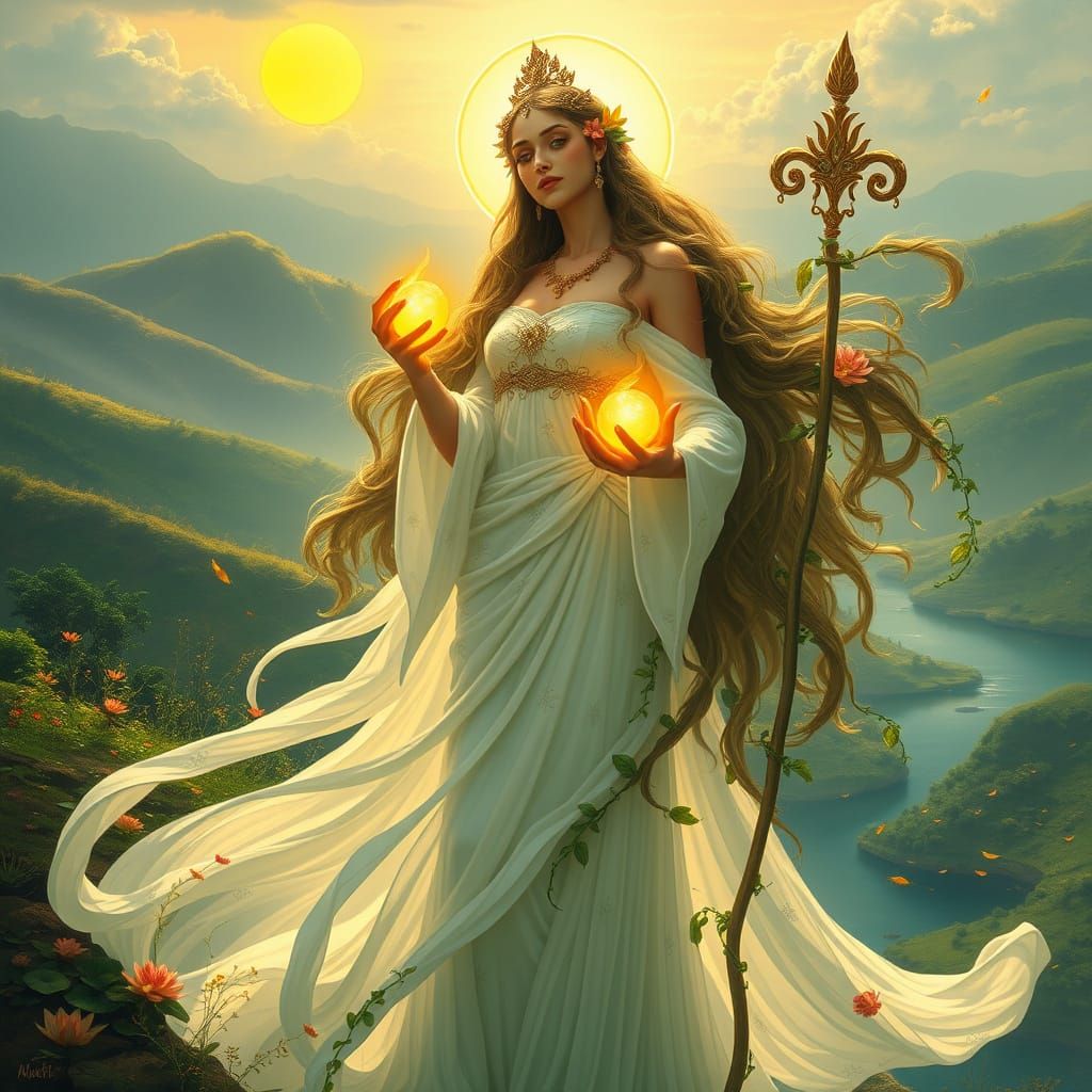 Majestic Goddess of Nature and Fertility in a Serene Landsca...