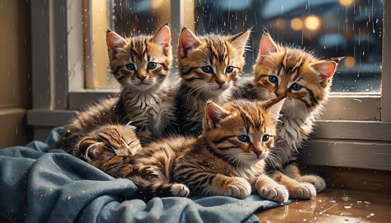 Kittens Asleep on Rainy Night: Hyper-Realistic Digital Art