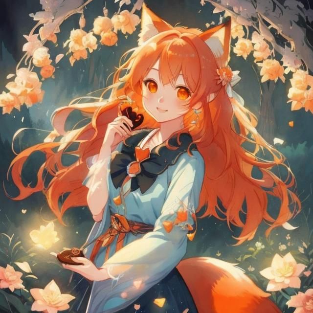 Cute Fox Girl Holding Heart in Soft Anime Style