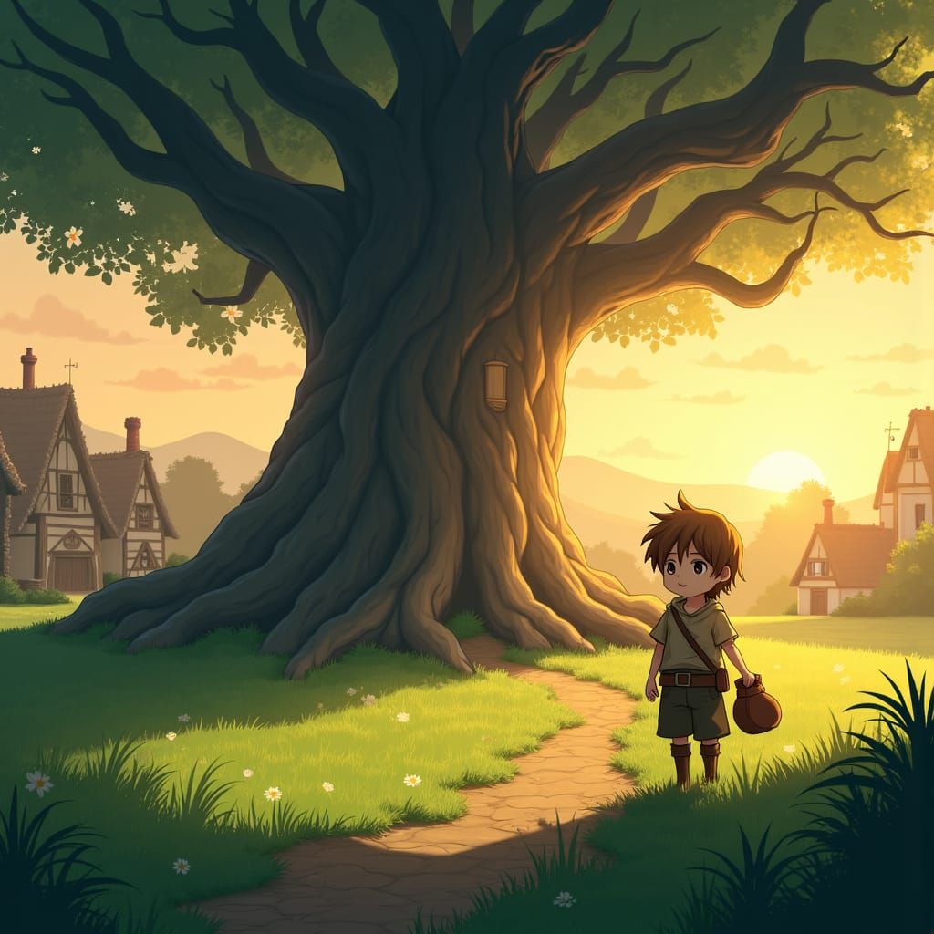 Medieval Village Sunset: Boy at Forest Edge