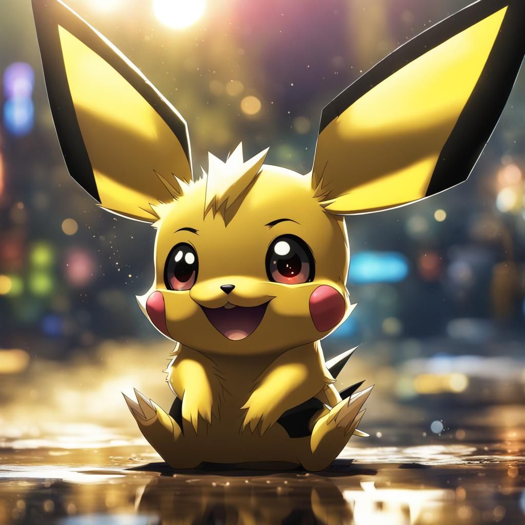 Hyperrealistic Anime Pichu Sitting Happily