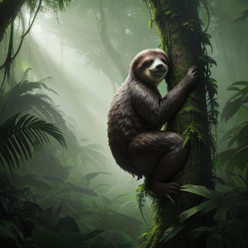 Sloth Climbing Tree in Ethereal Jungle Light