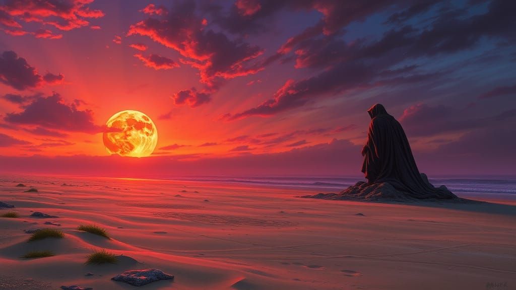 Surreal Sunset on a Deserted Beach, Blood-Red Moon Rising