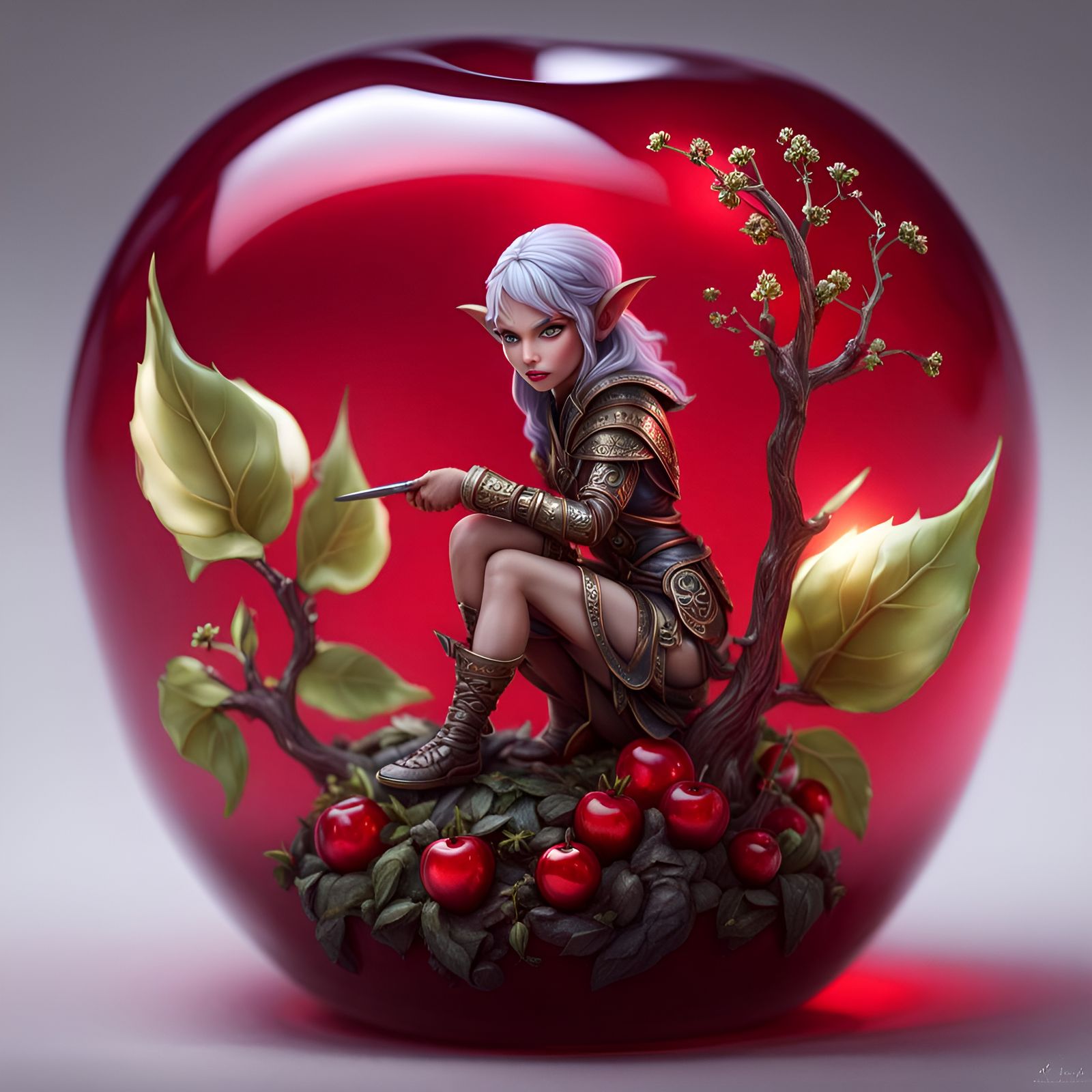 Elfin Huntress Trapped in Scarlet Glass Apple