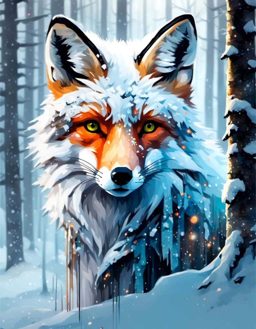 Snowy Fox in Winter Forest, Soft Lighting