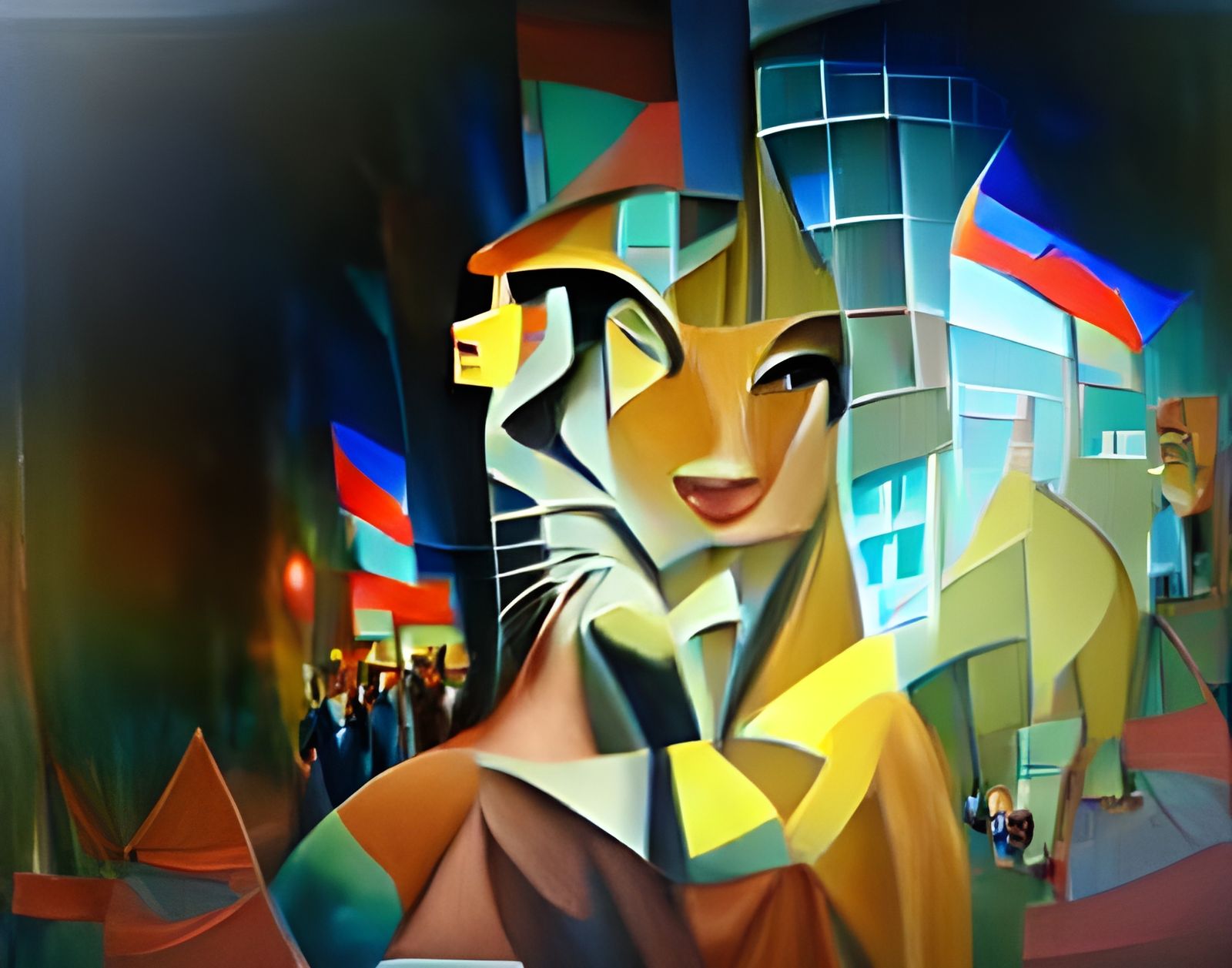 Woman Walks Tiger in City, Abstract Cubism Style