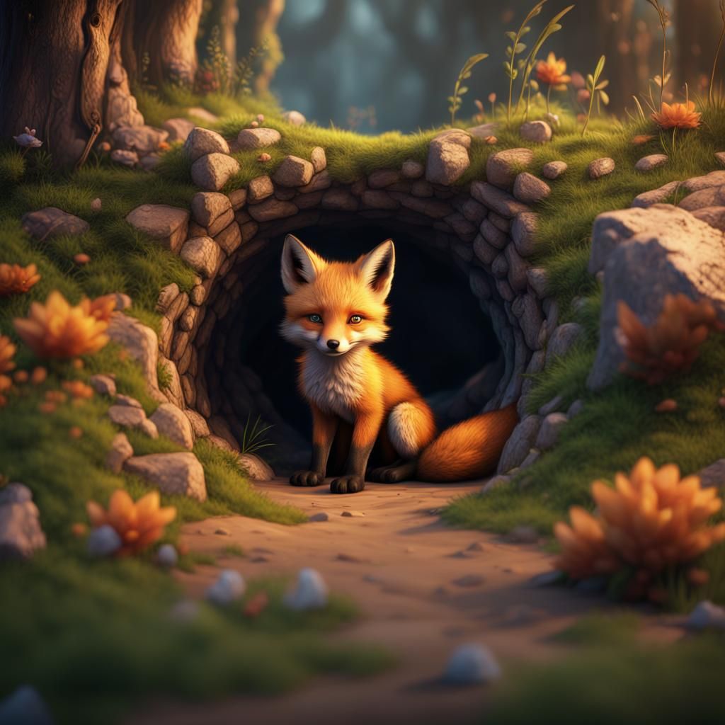 Cute Fox Cubs in Detailed Fantasy Landscape