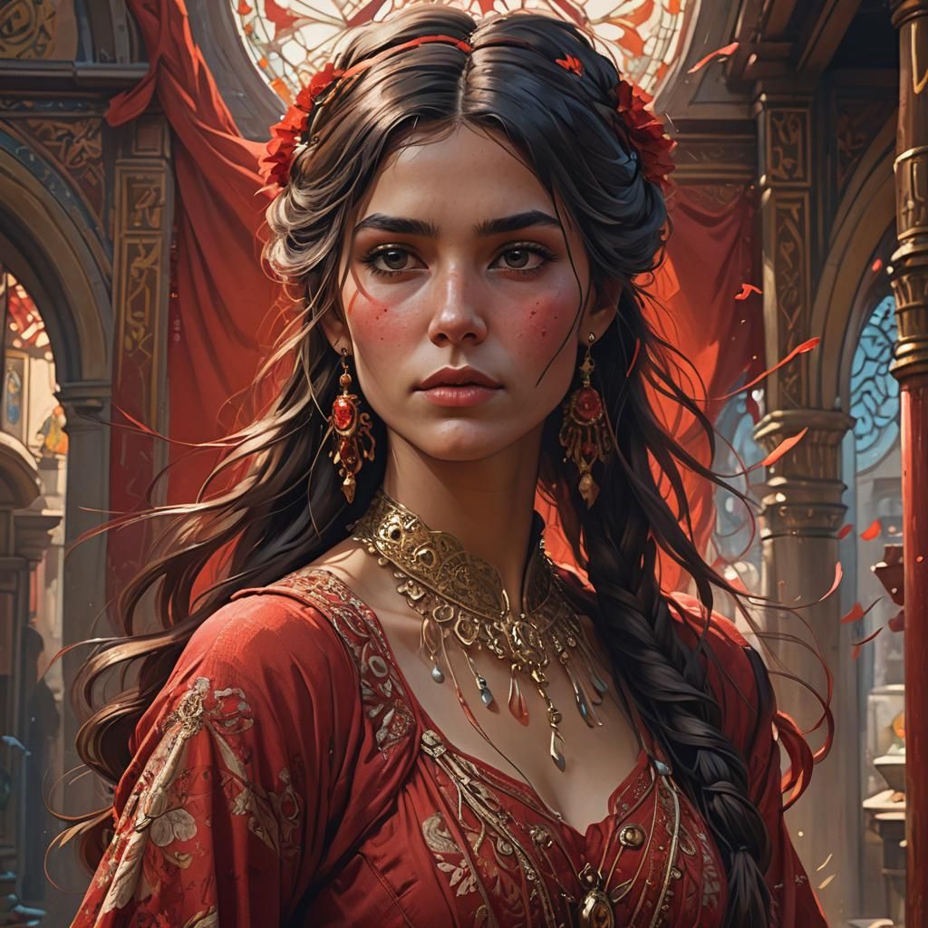 Woman in Red Dress, Hyperdetailed Portrait