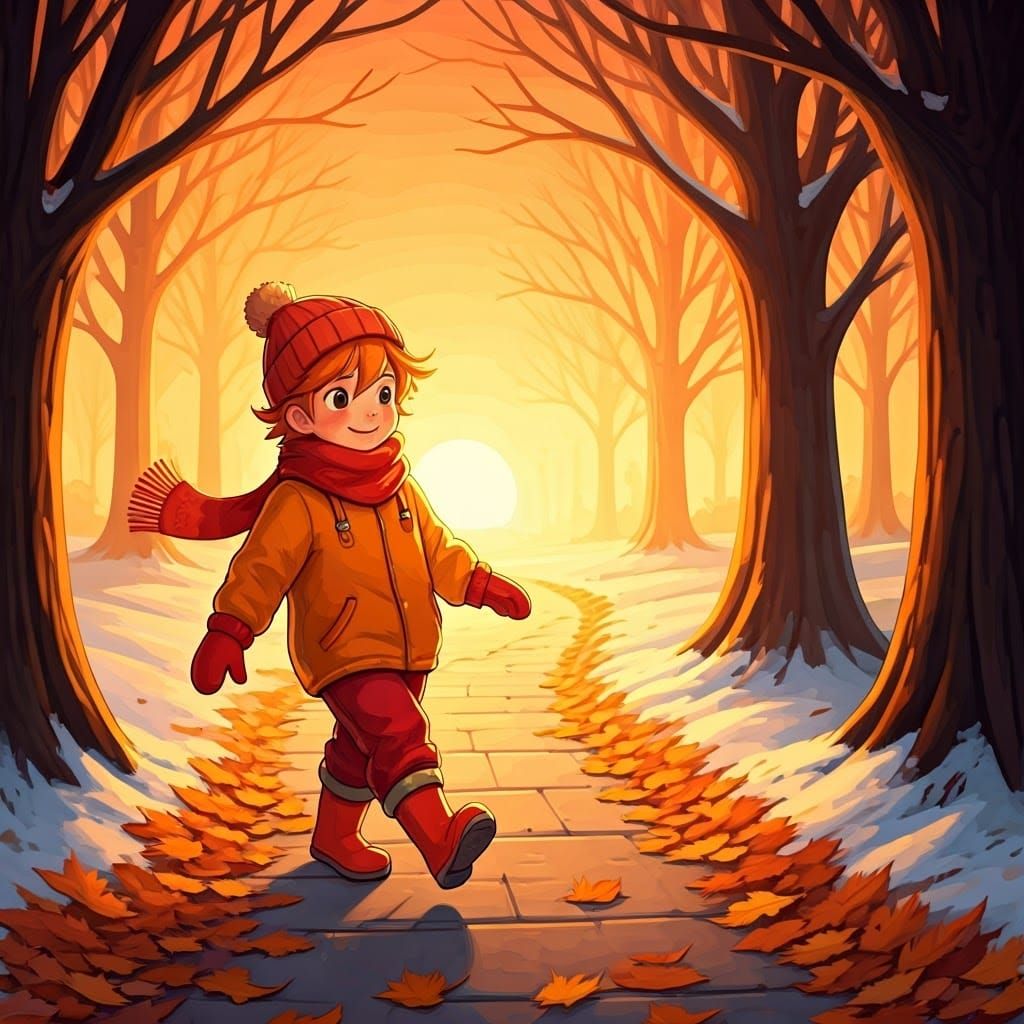 Fiery-Haired Boy's Frosty Walk: A Whimsical Landscape