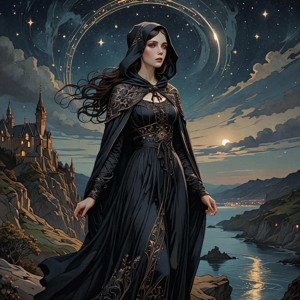 Gothic Woman Under Starry Night Sky