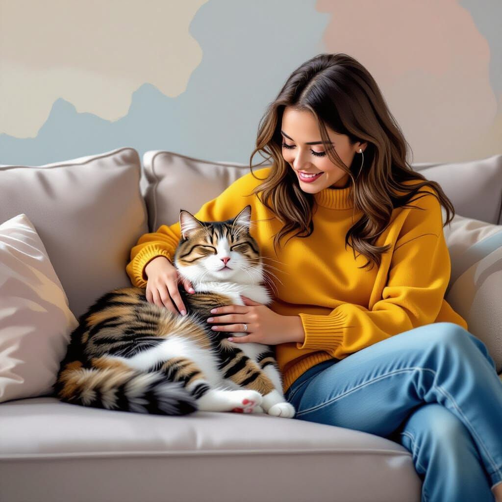 Woman Petting Happy Cat on Couch, Abstract Art Style