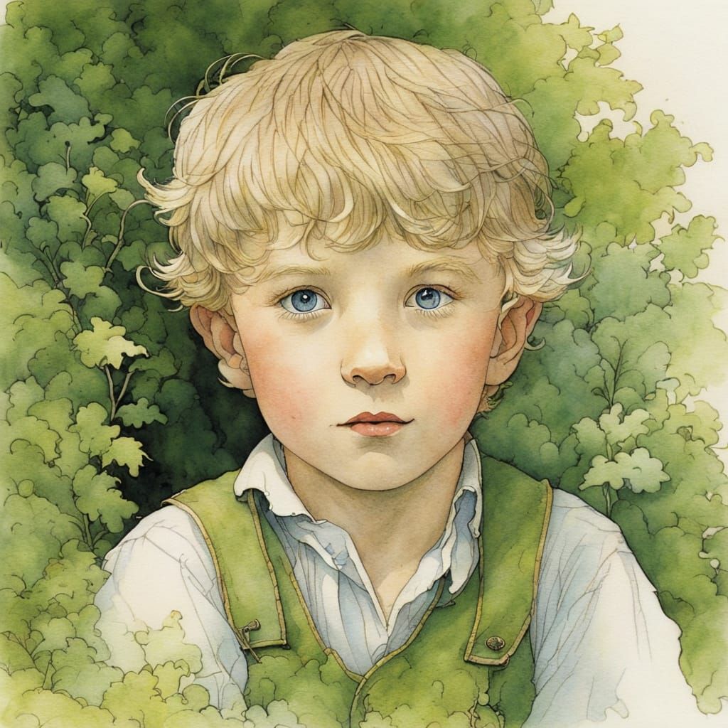 A Charming Watercolor Portrait of a Green-Eyed Boy