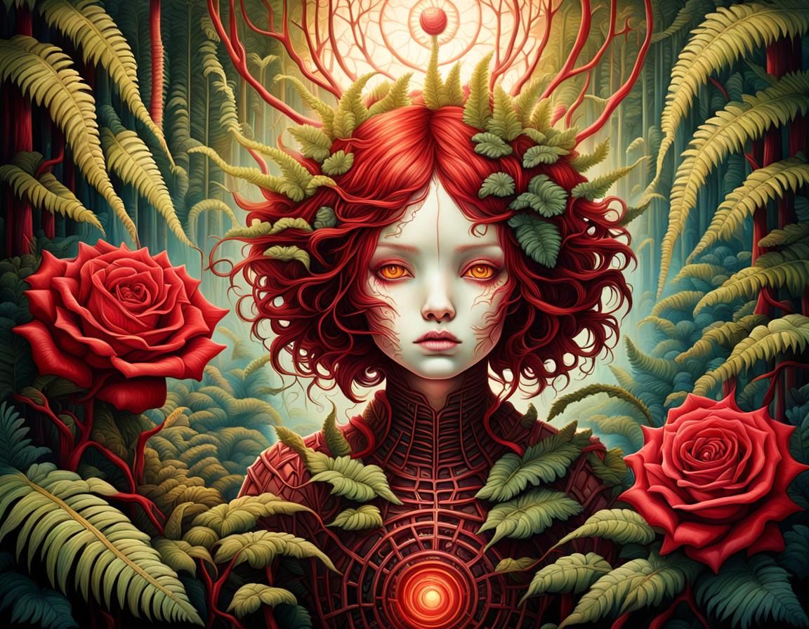 Red Rose Merges with Fern in Biomechanical Forest