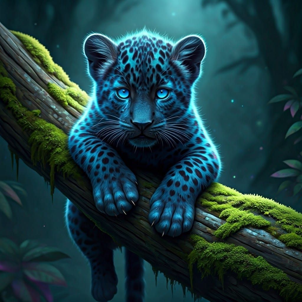 Glowing Black Panther Clings to Ancient Tree Branch