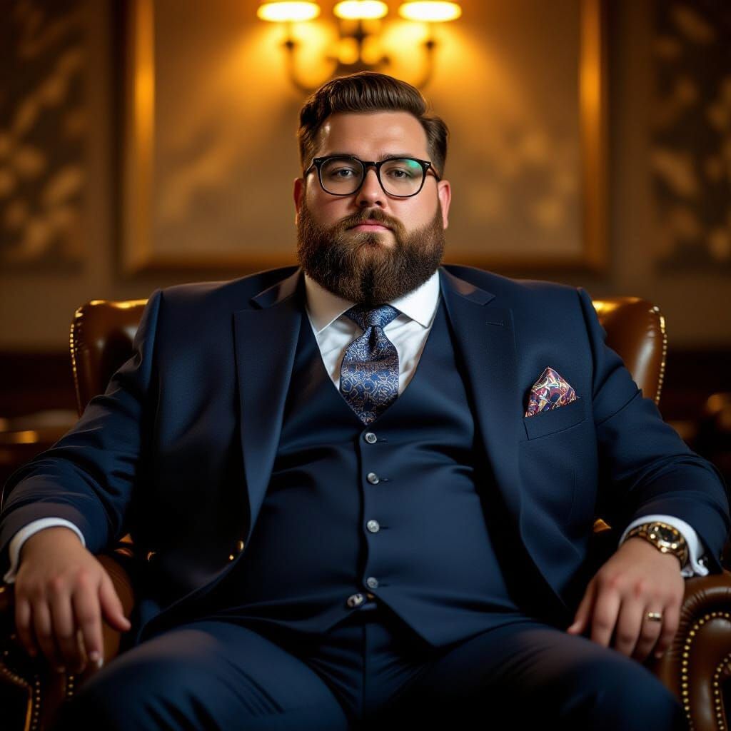 Man in Blue Suit with Large Belly