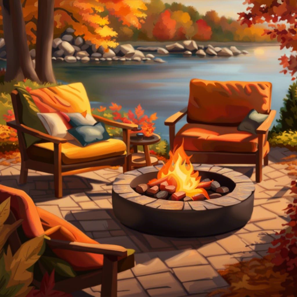 Autumnal Lakeside Living Room with Firepit: Hyperrealistic S...