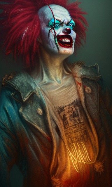 Evil Neon Clown Portrait in Hyperrealistic Horror Art