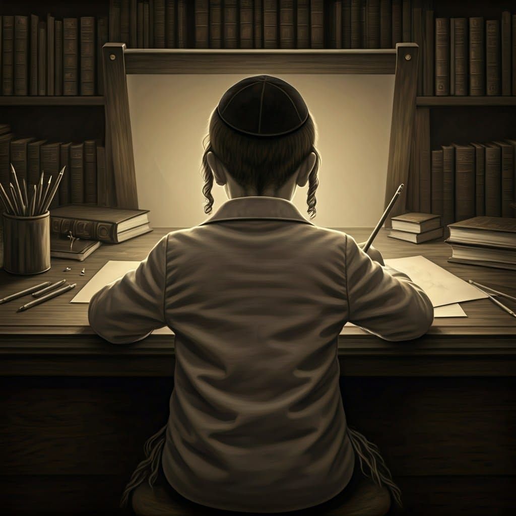 Boy in Traditional Attire Drawing Himself in Charcoal