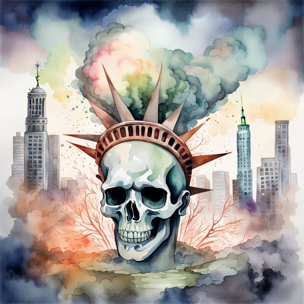 Exploding Skull Dreamlike Watercolor Illustration