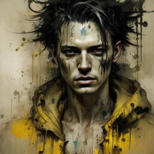 Boy in Yellow Raincoat, Paint Dripping Effect