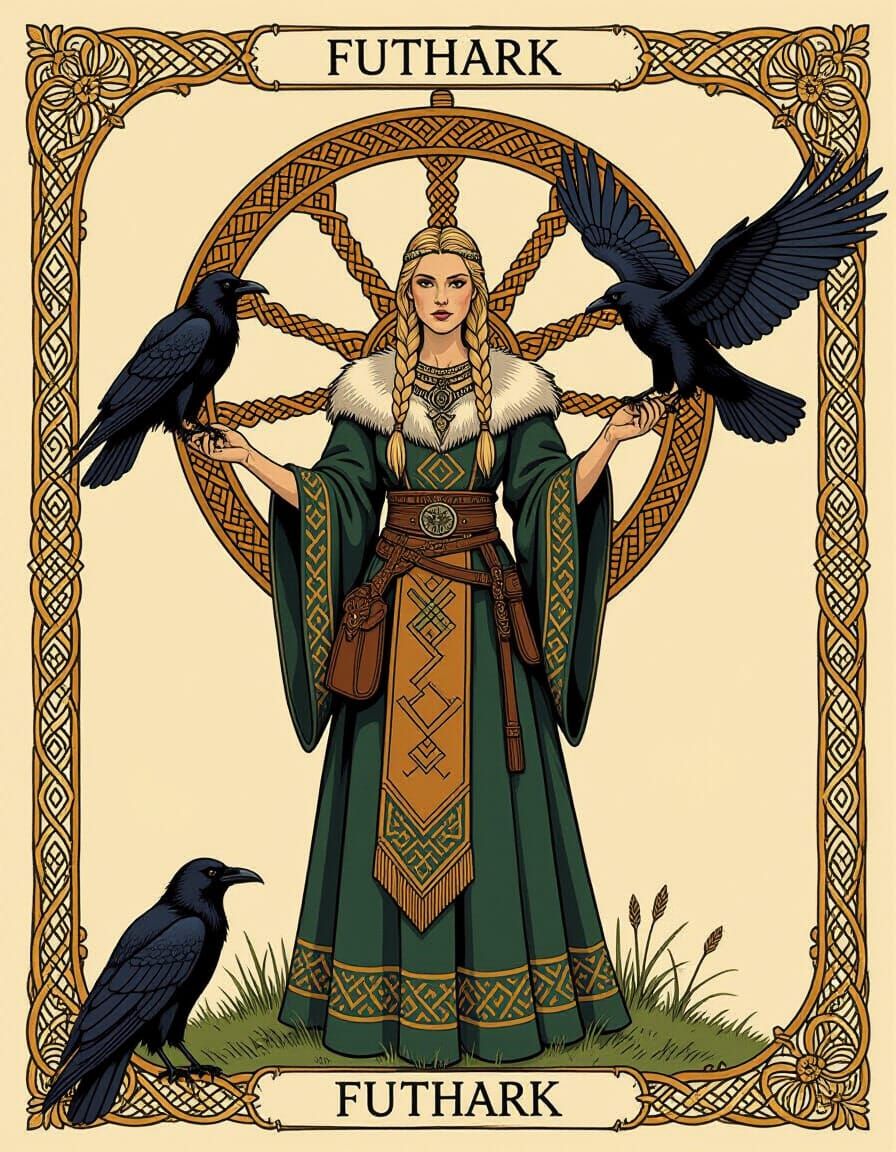 Viking Woman with Runic Wheel and Yggdrasil in Norse Style